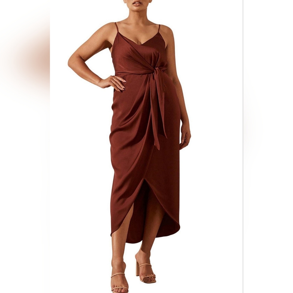 ShonaJoy Satin Halter Twist Wrap Cocktail Any Occasion Zip Midi Dress